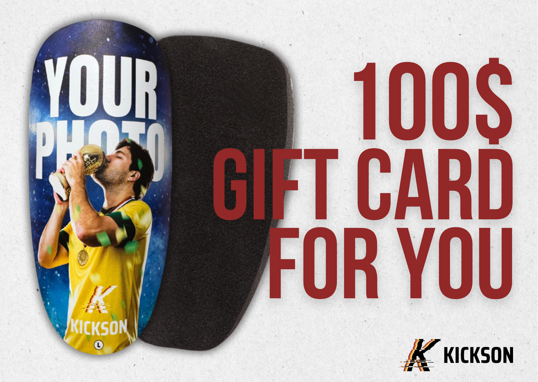 Kickson gift card for custom shin guards with product photo – personalized flexible football pads